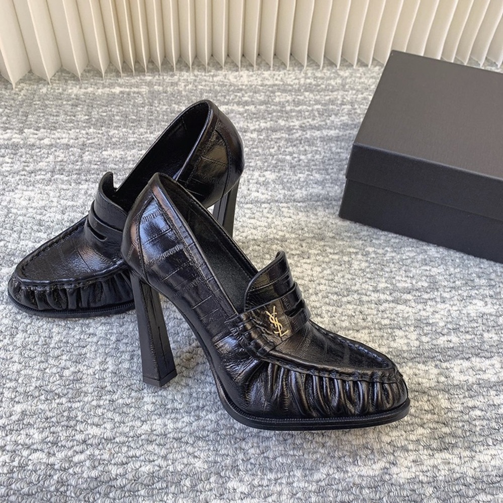 Saint Laurent Black Crocodile-Embossed Leather Loafers with Heels
